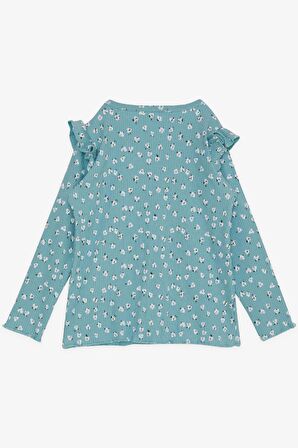 BREEZE Kız Çocuk Uzun Kollu Tişört Çiçek Desenli Omuzu Fırfırlı 2-6 Yaş, Su Yeşili
