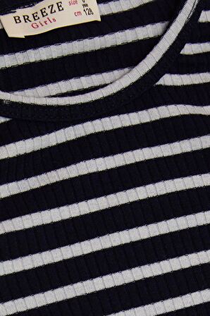 BREEZE Kız Çocuk Uzun Kollu Tişört Çizgili Omuzu Fırfırlı 6-12 Yaş, Lacivert