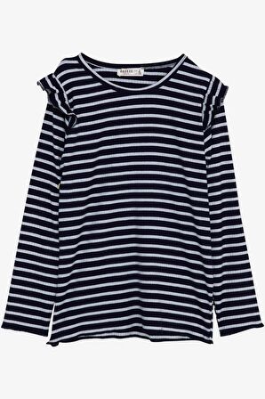 BREEZE Kız Çocuk Uzun Kollu Tişört Çizgili Omuzu Fırfırlı 6-12 Yaş, Lacivert