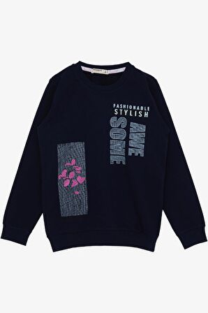 BREEZE Kız Çocuk Sweatshirt Çiçek Baskılı 6-12 Yaş, Lacivert