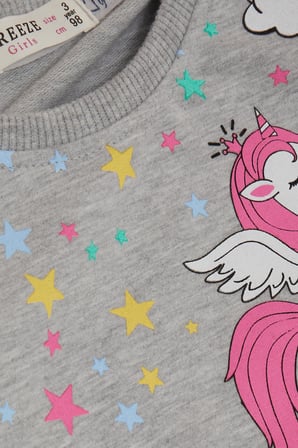 Breeze Kız Çocuk Sweatshirt Unicorn Baskılı 2-6 Yaş, Gri Melanj