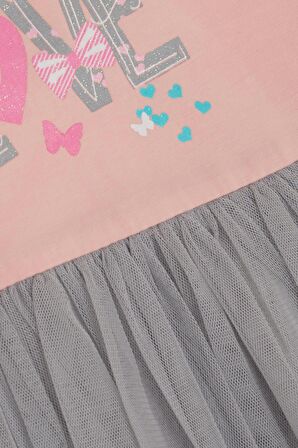 BREEZE Kız Çocuk Uzun Kollu Elbise Tüllü Yazı Baskılı 1.5-5 Yaş, Pudra