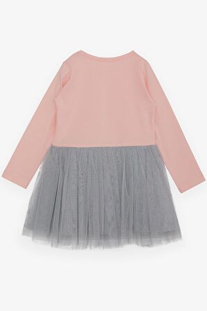 BREEZE Kız Çocuk Uzun Kollu Elbise Tüllü Yazı Baskılı 1.5-5 Yaş, Pudra