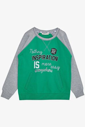 BREEZE GİRLS & BOYS Erkek Çocuk  Çocok Sweatshirt Yazı Baskılı Cepli 5-10 Yaş, Yeşil