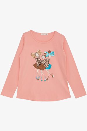BREEZE Kız Çocuk Uzun Kollu Tişört Dostluk Temalı Havalı Kızlar Baskılı 4-8 Yaş, Somon