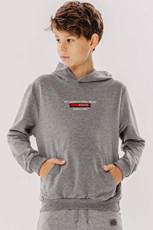 Breeze Girls & Boys Erkek Çocuk Sweatshirt Yazı Baskılı Armalı Kanguru Cepli 8-14 Yaş, Koyu Gri Melanj