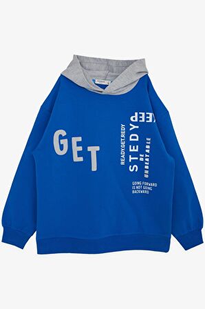 BREEZE GİRLS & BOYS Erkek Çocuk Sweatshirt Kapüşonlu Yazı Baskılı 8-14 Yaş, Saks Mavisi