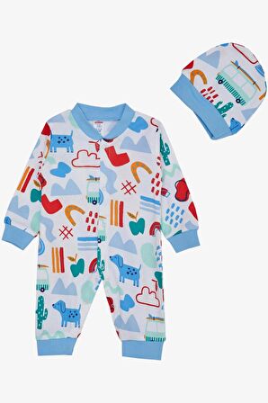 Breeze Erkek Bebek Tulum Desenli Köpekçik Baskılı 0-6 Ay, Beyaz