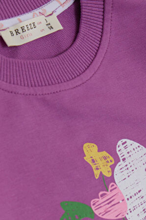 Breeze Kız Çocuk Sweatshirt Cepli Çiçek Baskılı 1-4 Yaş, Eflatun