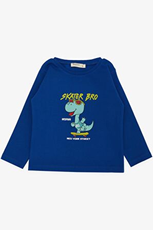 BREEZE GİRLS & BOYS Erkek Çocuk Uzun Kollu Tişört Kaykaycı Gözlüklü Dinozor Baskılı 1-4 Yaş, Saks Mavisi