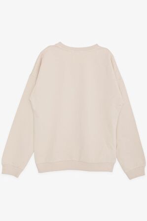 BREEZE Kız Çocuk Sweatshirt Taşlı Yazı Baskılı 9-14 Yaş, Bej