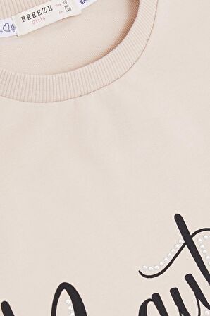 BREEZE Kız Çocuk Sweatshirt Taşlı Yazı Baskılı 9-14 Yaş, Bej