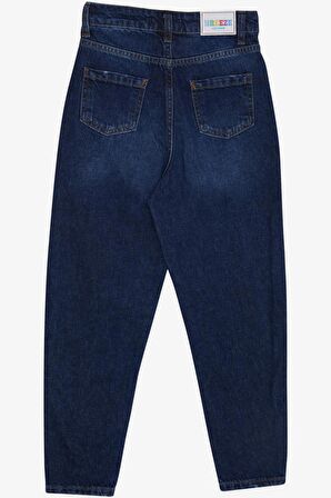 Breeze Kız Çocuk Jean Pantolon Cepli Düğmeli 9-14 Yaş, Koyu Mavi