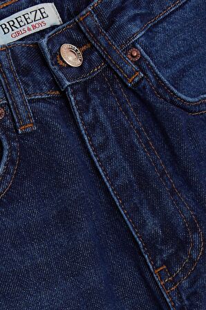 Breeze Kız Çocuk Jean Pantolon Cepli Düğmeli 9-14 Yaş, Koyu Mavi