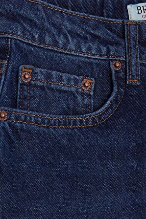 Breeze Kız Çocuk Jean Pantolon Cepli Düğmeli 9-14 Yaş, Koyu Mavi