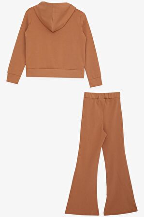 BREEZE Kız Çocuk 3 lü Taytlı Takım Fitilli Fermuarlı Yazı Baskılı 9-14 Yaş, Kahverengi