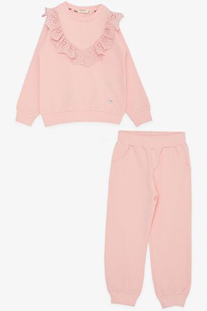 BREEZE Kız Çocuk Eşofman Takım Güpürlü Nakışlı 3-8 Yaş, Pembe