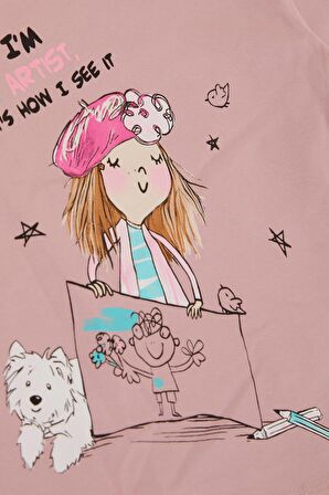 BREEZE Kız Çocuk Uzun Kollu Tişört Kendini Sanatçı Hisseden Kız Baskılı 3-8 Yaş, Gülkurusu