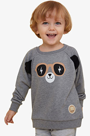Breeze Erkek Çocuk Sweatshirt Sevimli Ayıcık Baskılı Kulakları Hareketli 2-6 Yaş, Koyu Gri Melanj