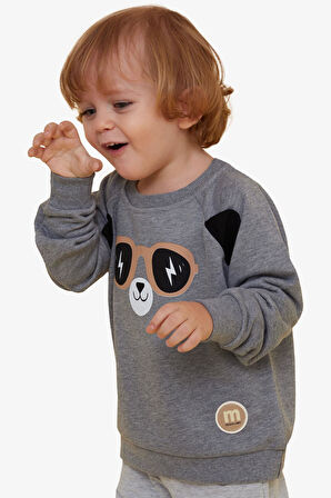 Breeze Erkek Çocuk Sweatshirt Sevimli Ayıcık Baskılı Kulakları Hareketli 2-6 Yaş, Koyu Gri Melanj