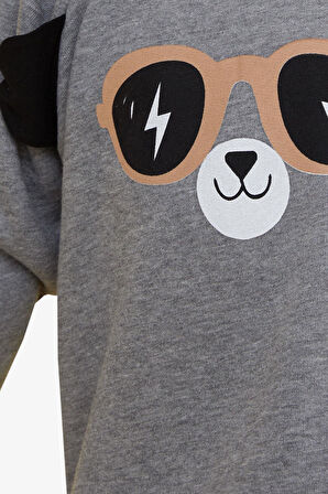 Breeze Erkek Çocuk Sweatshirt Sevimli Ayıcık Baskılı Kulakları Hareketli 2-6 Yaş, Koyu Gri Melanj