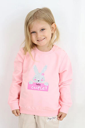 Breeze Kız Çocuk Sweatshirt Sevimli Simli Tavşancık Baskılı 1.5-5 Yaş, Pembe