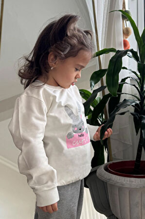 Breeze Kız Çocuk Sweatshirt Sevimli Simli Tavşancık Baskılı 1.5-5 Yaş, Ekru