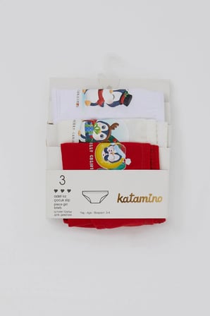 Katamino Kız Çocuk Slip 3 Lü Yılbaşı Temalı Sevimli Penguen Baskılı 1-10 Yaş, Karışık Renk