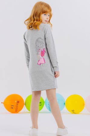 Breeze Kız Çocuk Tunik Mutlu Kız Baskılı Pullu 3-7 Yaş, Gri Melanj