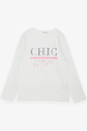 Breeze Kız Çocuk Uzun Kollu Tişört Simli Yazı Baskılı 9-14 Yaş, Ekru