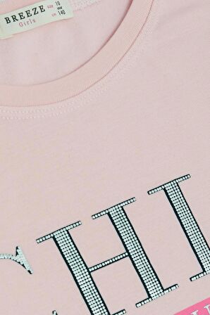 BREEZE Kız Çocuk Uzun Kollu Tişört Simli Yazı Baskılı 9-14 Yaş, Pudra