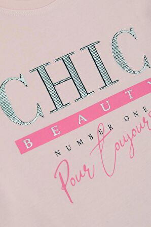 BREEZE Kız Çocuk Uzun Kollu Tişört Simli Yazı Baskılı 9-14 Yaş, Pudra