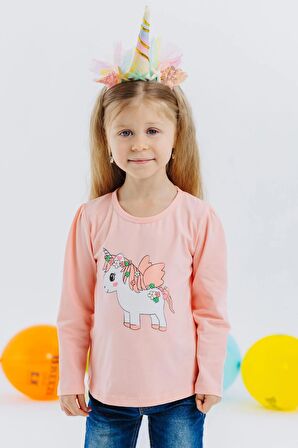 Breeze Kız Çocuk Uzun Kollu Tişört Unicorn Baskılı 1-4 Yaş, Somon