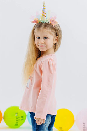 Breeze Kız Çocuk Uzun Kollu Tişört Unicorn Baskılı 1-4 Yaş, Somon