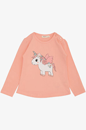 Breeze Kız Çocuk Uzun Kollu Tişört Unicorn Baskılı 1-4 Yaş, Somon