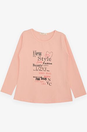 BREEZE Kız Çocuk Uzun Kollu Tişört Moda Temalı Yazı Baskılı 6-12 Yaş, Somon
