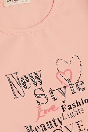 BREEZE Kız Çocuk Uzun Kollu Tişört Moda Temalı Yazı Baskılı 6-12 Yaş, Somon