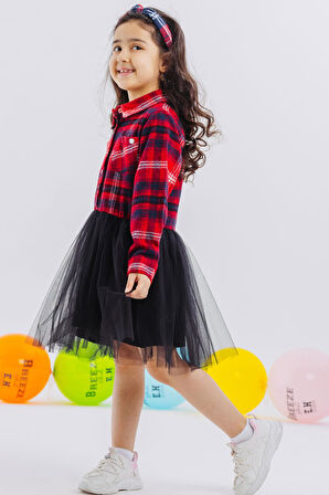 Breeze Kız Çocukuzun Kollu Elbise Ekoseli Eteği Tüllü 6-12 Yaş, Karışık Renk