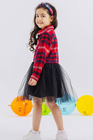 Breeze Kız Çocukuzun Kollu Elbise Ekoseli Eteği Tüllü 6-12 Yaş, Karışık Renk