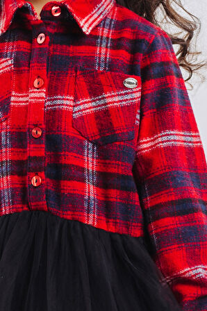 Breeze Kız Çocukuzun Kollu Elbise Ekoseli Eteği Tüllü 6-12 Yaş, Karışık Renk