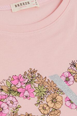BREEZE Kız Çocuk Uzun Kollu Tişört Sevgi Temalı Çiçek Baskılı Simli 8-12 Yaş, Pudra