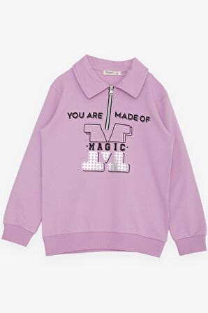 BREEZE Kız Çocuk Sweatshirt Magıc Yazı Baskılı Yarım Fermuarlı Polo Yaka 8-14 Yaş, Lila