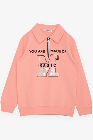 Breeze Kız Çocuk Sweatshirt Magıc Yazı Baskılı Yarım Fermuarlı Polo Yaka 8-14 Yaş, Somon