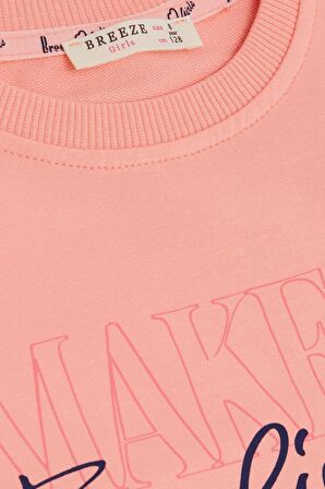 BREEZE Kız Çocuk Sweatshirt Yaldızlı Yazı Baskılı 6-12 Yaş, Somon