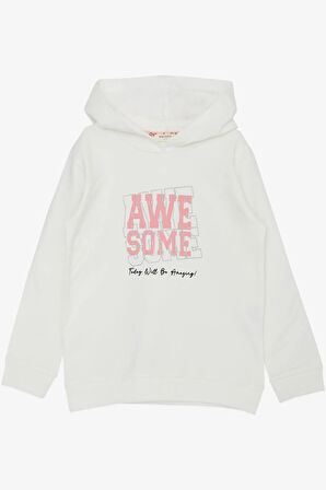 Breeze Kız Çocuk Sweatshirt Kapüşonlu Simli Yazı Baskılı 5-10 Yaş, Ekru