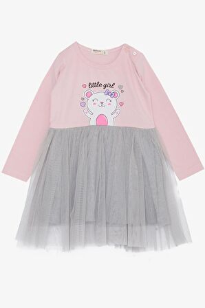 Breeze Kız Çocuk Uzun Kollu Elbise Küçük Kızlar Sevgi Temalı Mutlu Ayıcık Baskılı Tüllü 1-4 Yaş, Pembe