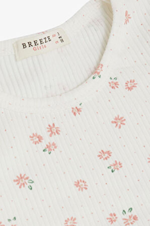 Breeze Kız Çocuk Uzun Kollu Elbise Çiçek Desenli Fırfırlı Fiyonklu 3-7 Yaş, Ekru