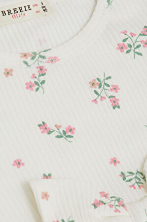Breeze Kız Çocuk Uzun Kollu Elbise Çiçek Desenli Fırfırlı Fiyonklu 3-7 Yaş, Ekru