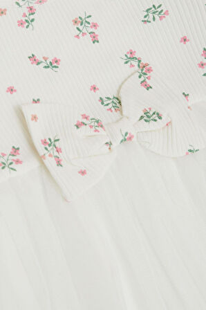 Breeze Kız Çocuk Uzun Kollu Elbise Çiçek Desenli Fırfırlı Fiyonklu 3-7 Yaş, Ekru