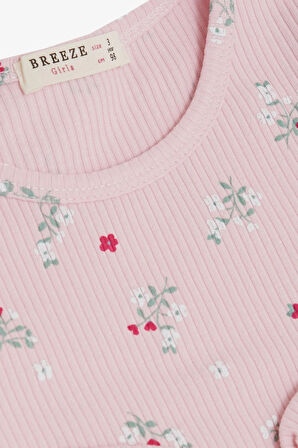 Breeze Kız Çocuk Uzun Kollu Elbise Çiçek Desenli Fırfırlı Fiyonklu 3-7 Yaş, Pembe